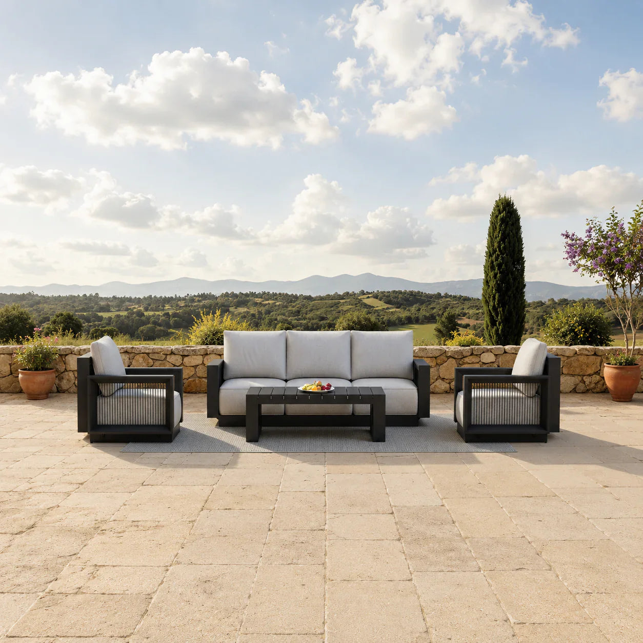 Garden furniture collection with outdoor dining sets, sun loungers, parasols, hanging egg chairs, and patio sofa sets for UK homes