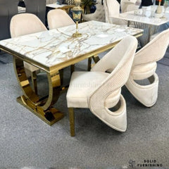 Arianna White & Gold Marble Dining Table with Cream Gold Santorini Chairs – Luxury Dining Set UK