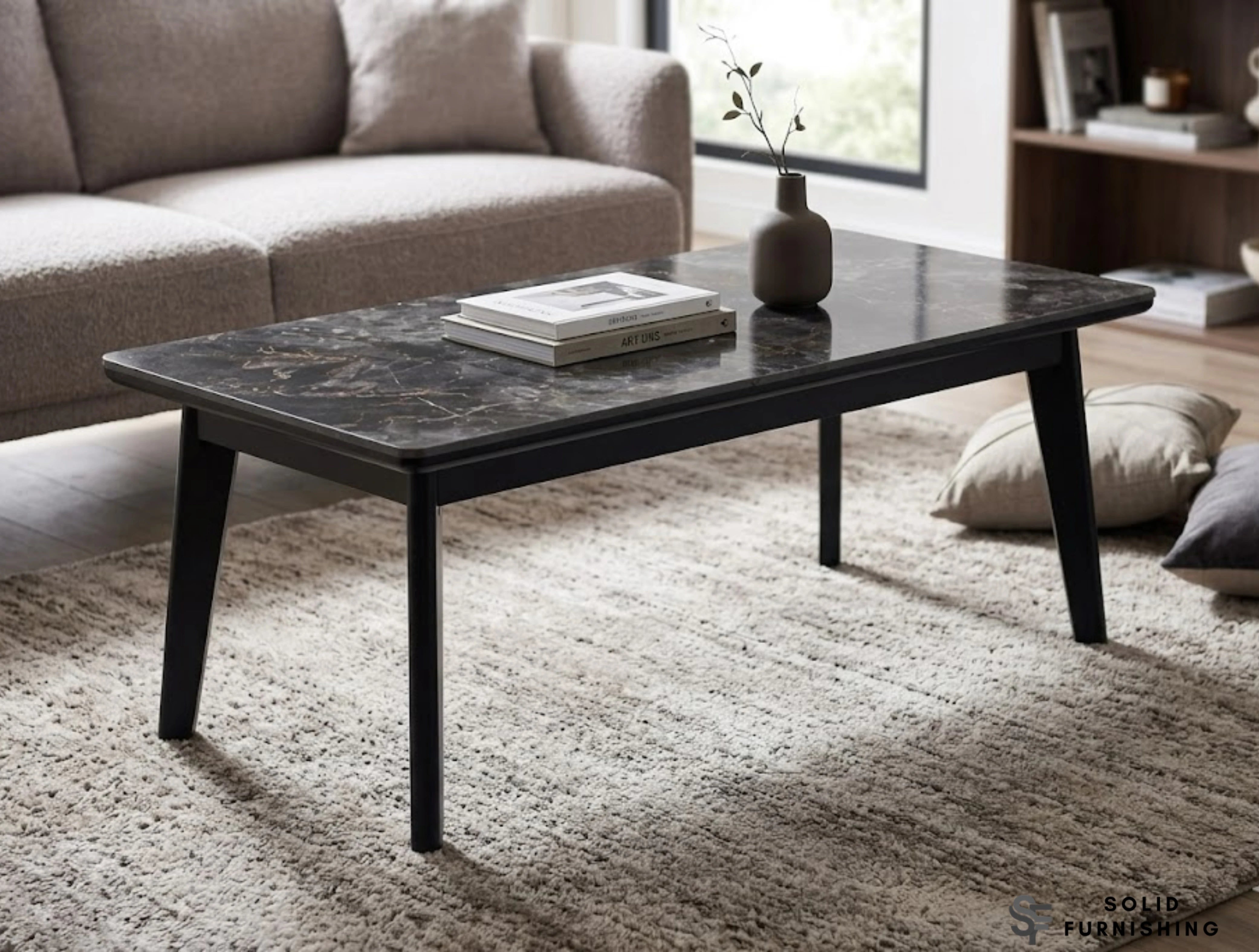 Arizona Black Ceramic Coffee Table – Dark Marble Look Metal Frame Centre Table