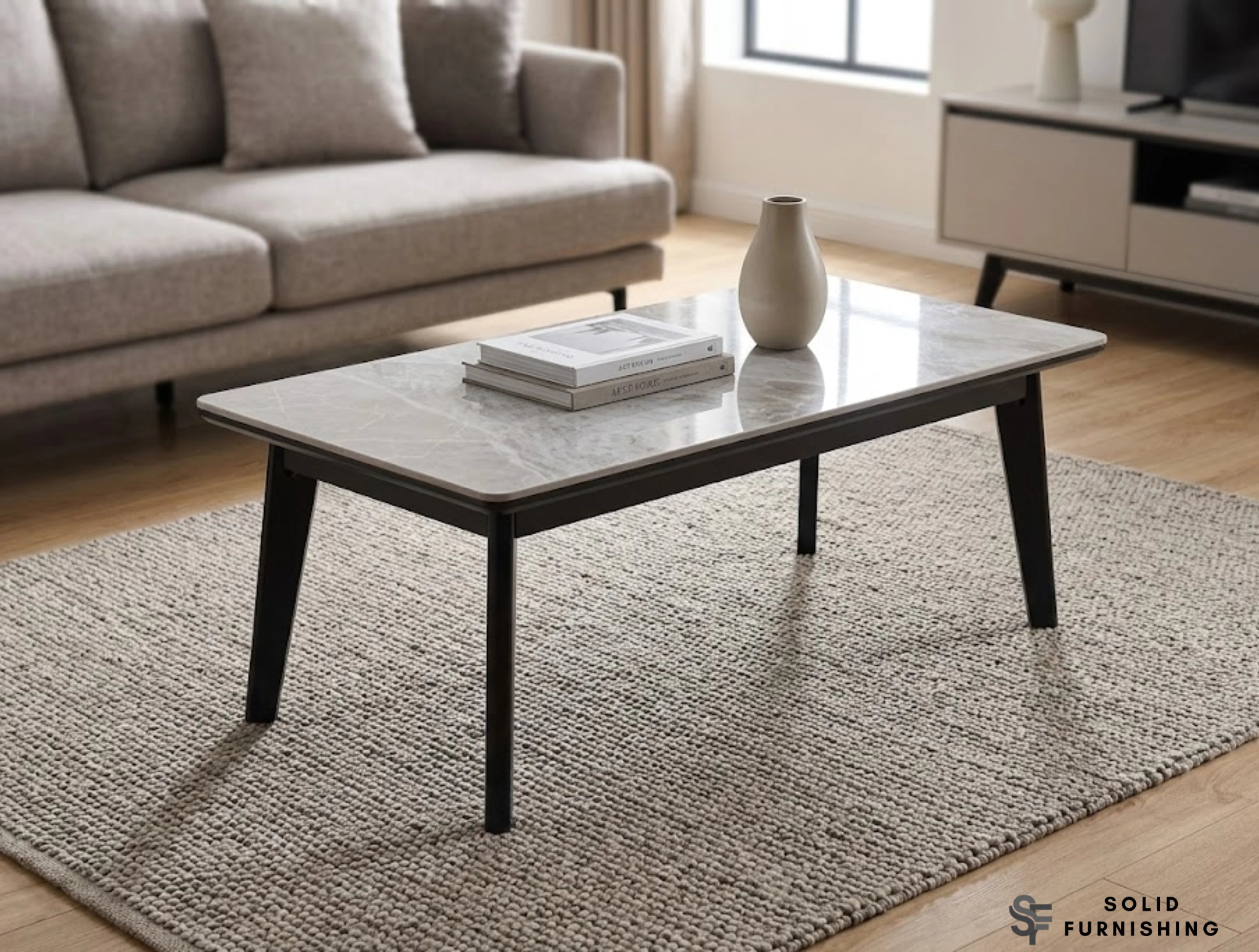 Arizona Grey Ceramic Coffee Table – Slim Rectangular Metal Frame Table