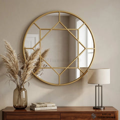 Art Deco Gold Round Wall Mirror – 80cm Geometric Decorative Mirror