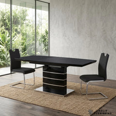 Black Milan Extendable High Gloss Dining Table with Milan Leather Chairs – Modern Dining Set