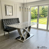 California Grey Marble Dining Table – Luxury Chrome Cross Base Dining Table