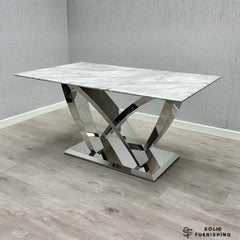 California Grey Marble Dining Table – Luxury Chrome Cross Base Dining Table