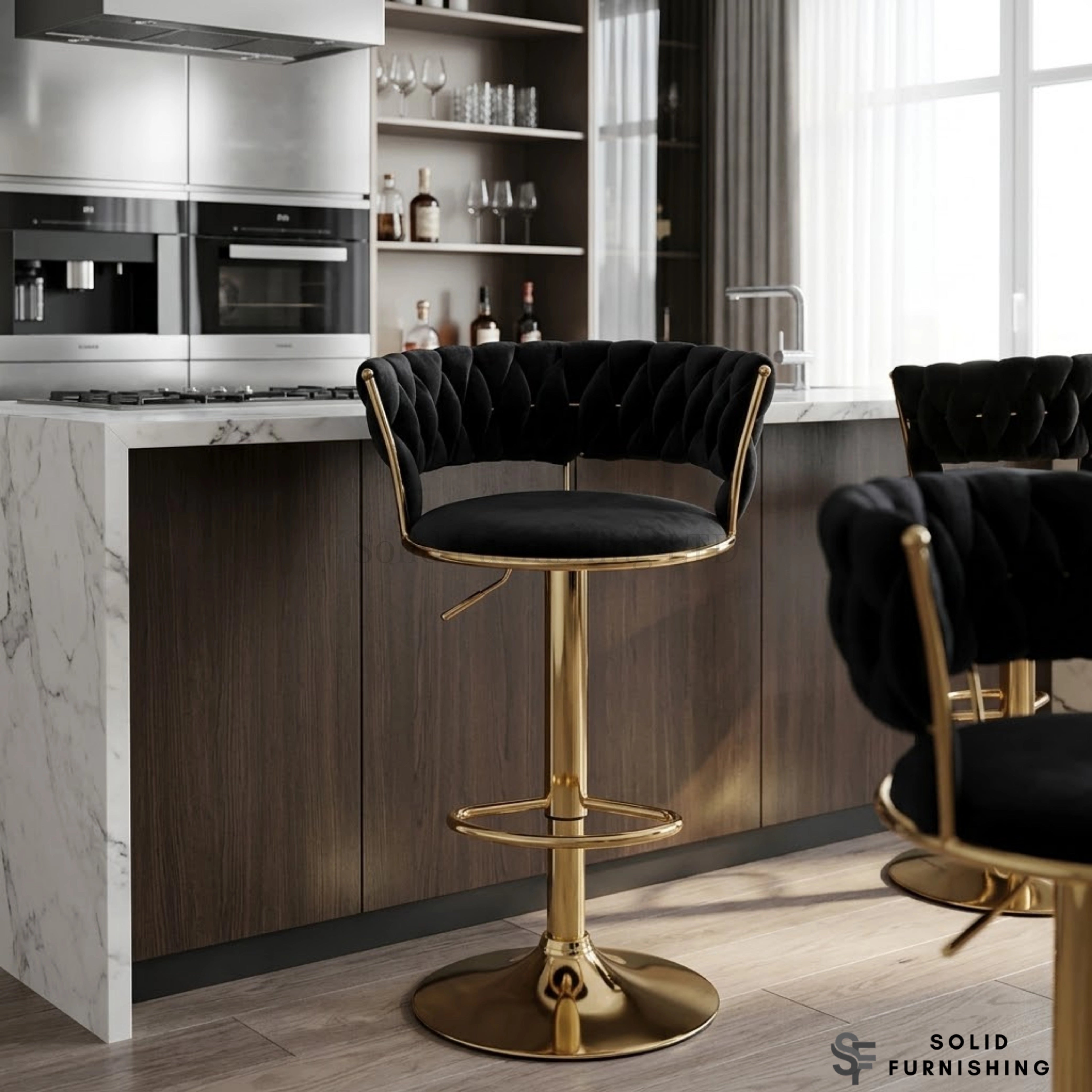 Camelia Black & Gold Bar Stools Set of 2 – Adjustable Luxury Breakfast Bar Chairs