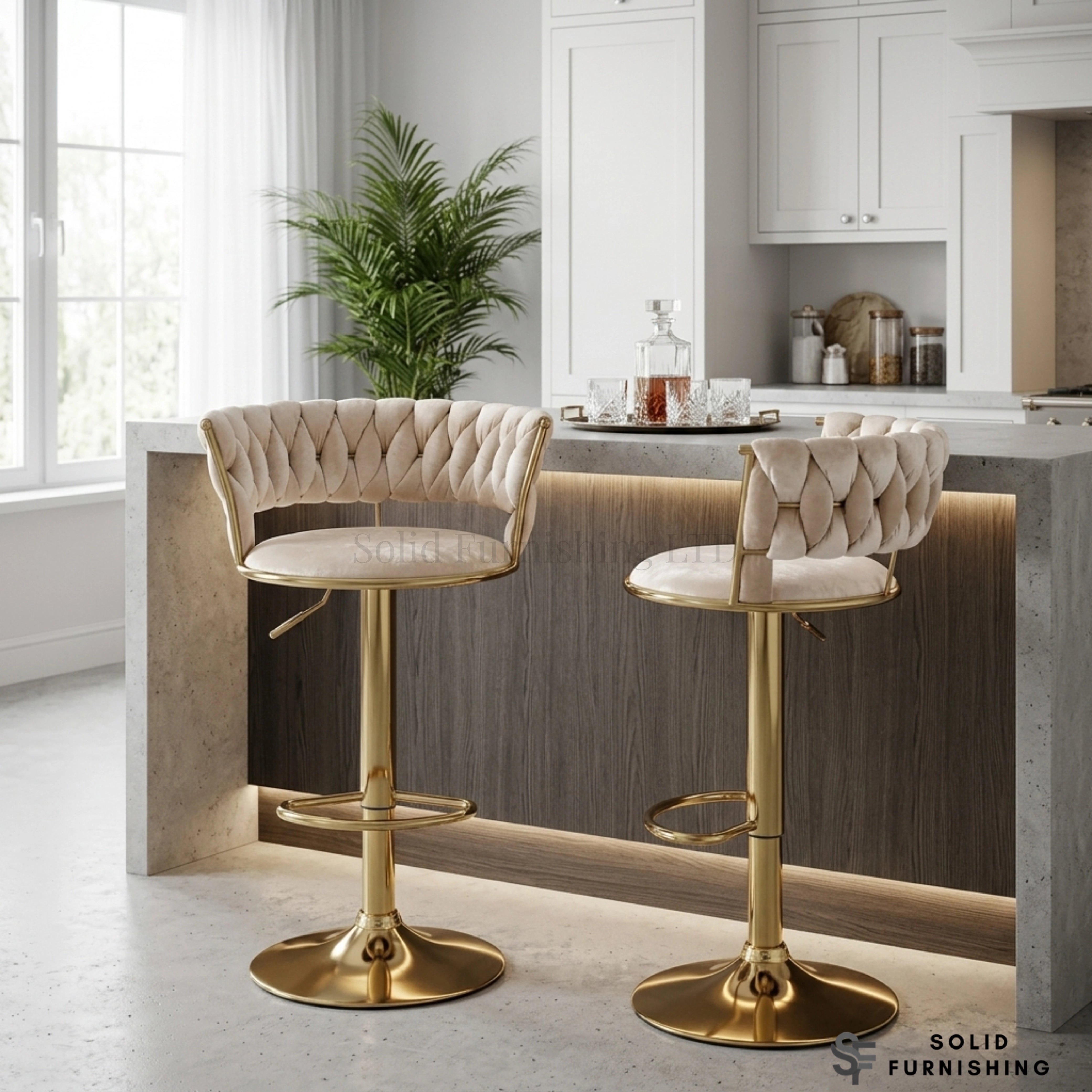 Camelia Cream & Gold Bar Stools Set of 2 – Luxury Adjustable Breakfast Bar Chairs