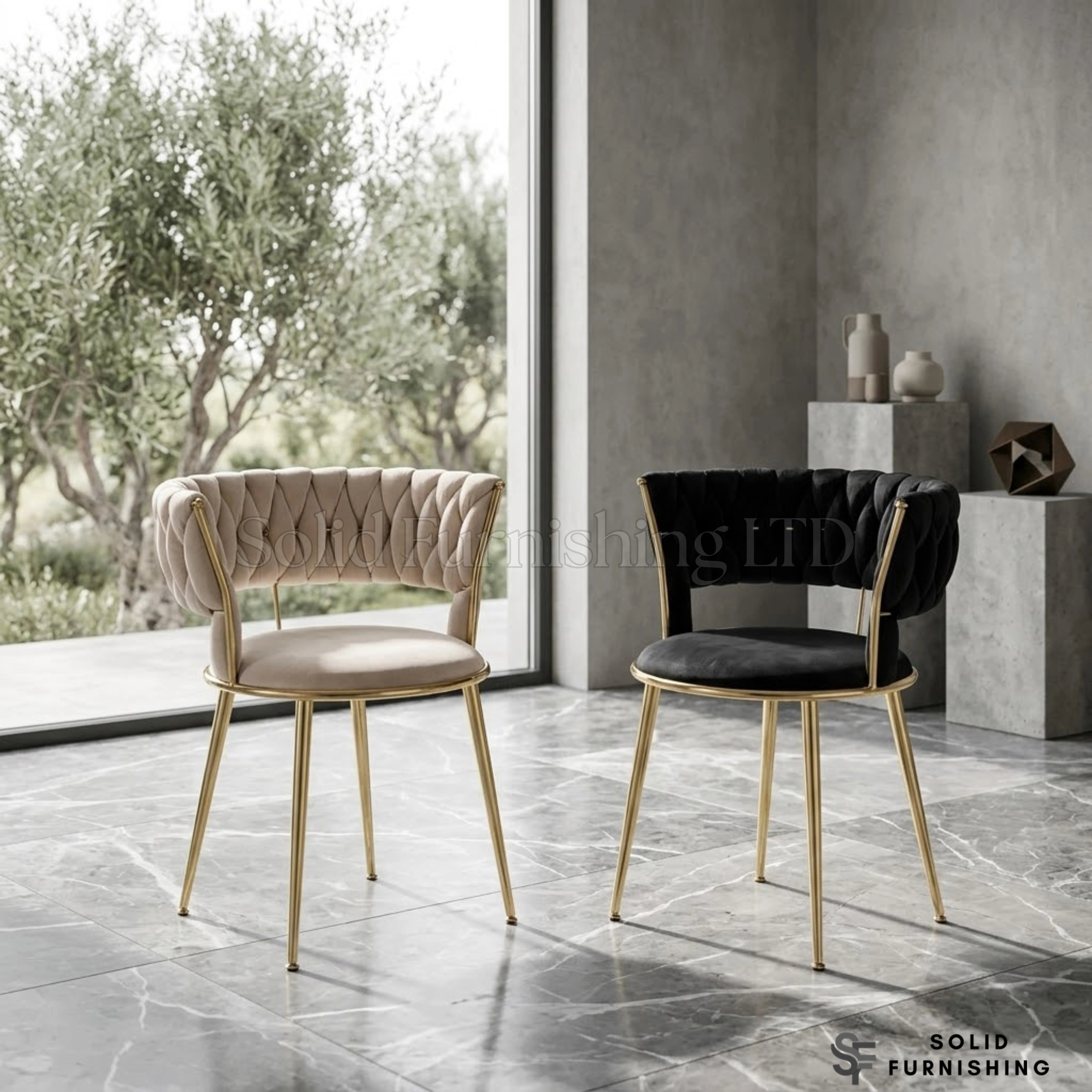 Camelia Velvet Dining Chairs with Gold Legs – Cream or Black (Set of 2)
