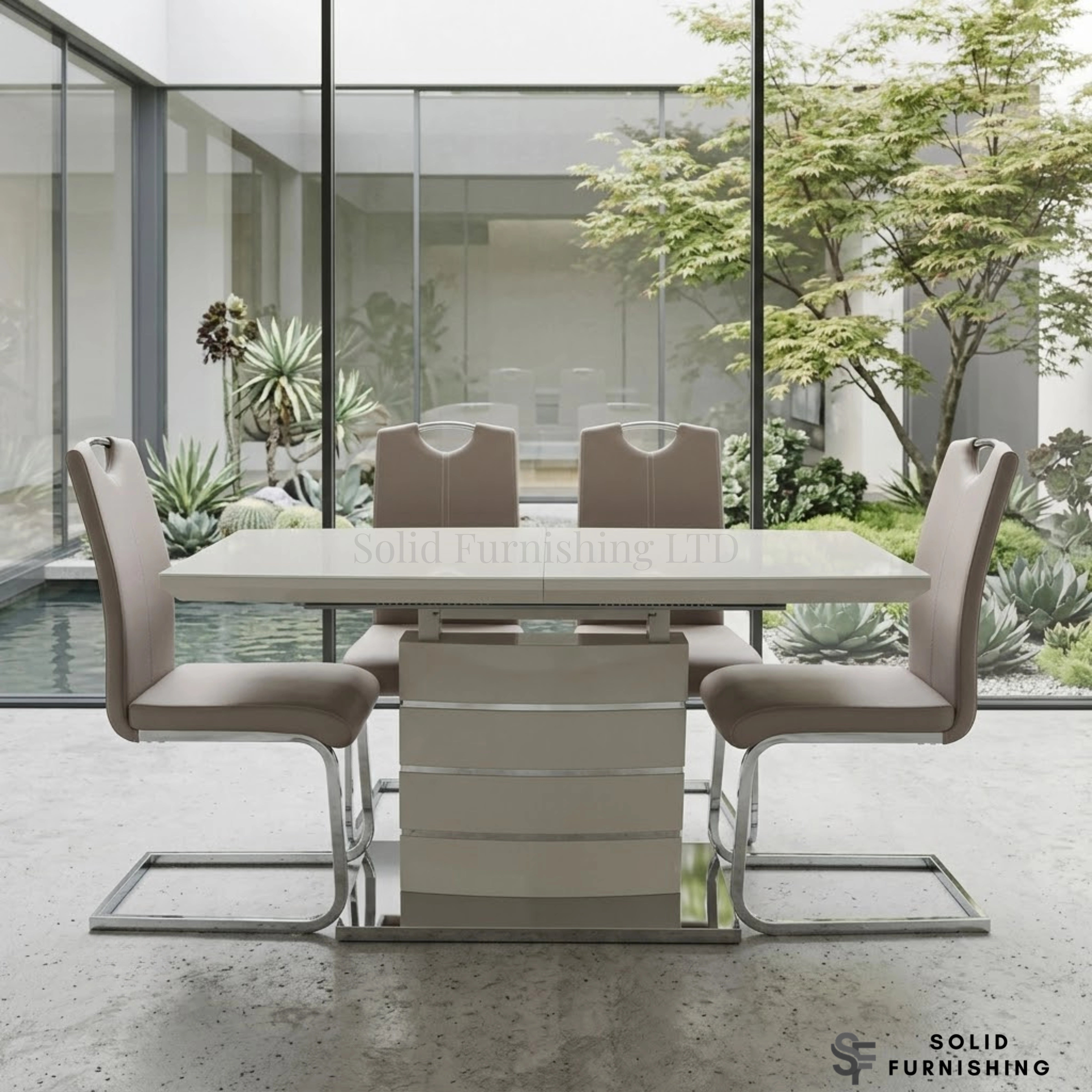 Cappuccino Milan Extendable High Gloss Dining Table Set with Milan Leather Chairs