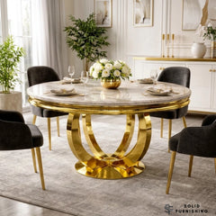 Chelsea 130cm Round Marble Dining Table – Polished Gold Pedestal Base