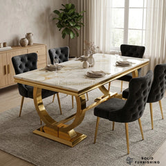 Chelsea Dining Table – Marble & Ceramic Tabletop | Polished Gold Circular Base