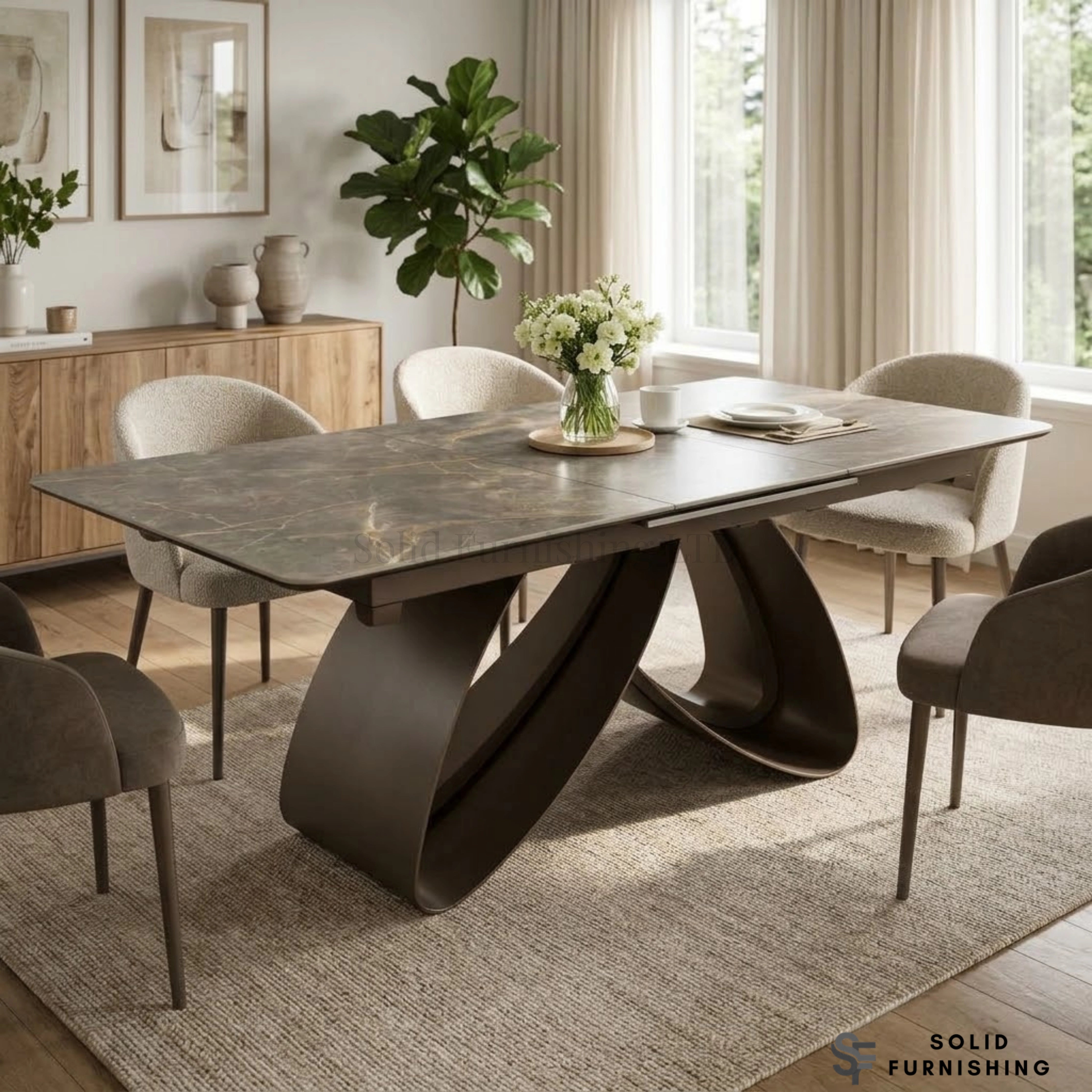 Cheshire Extendable Ceramic Dining Table – Matte Armani Top & Sculptural Metal Base