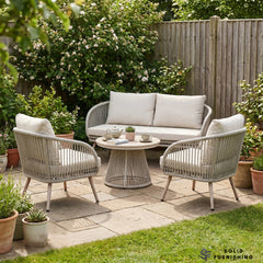 Cove 4 Seater Outdoor Garden Lounge Set – Natural Grey Rope Weave with Round Coffee Table
