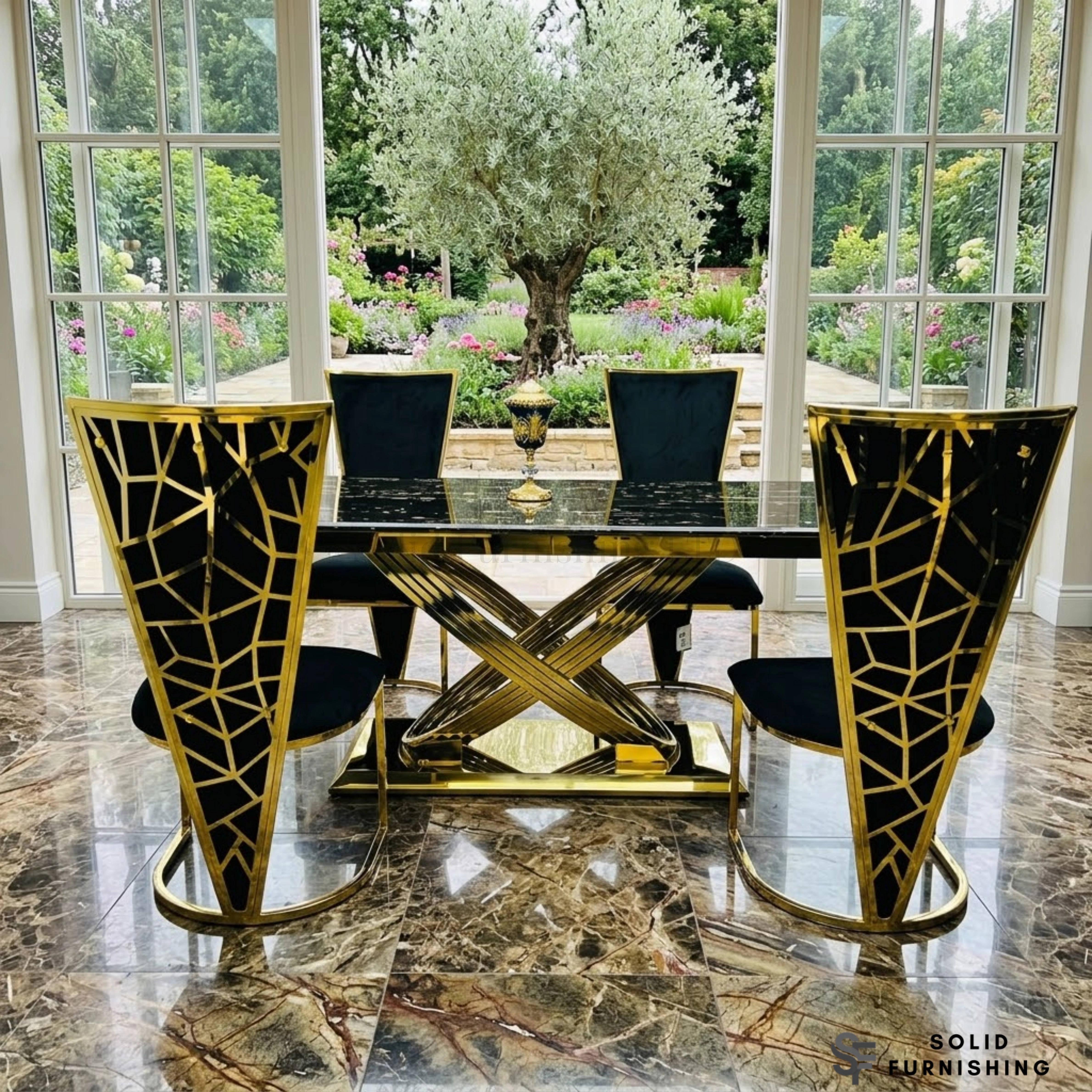 Elina Black & Gold Marble Dining Table with Vienna Chairs – 180cm Luxury Gold Dining Set