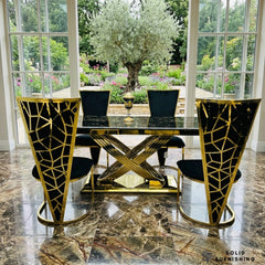Elina Black & Gold Marble Dining Table with Vienna Chairs – 180cm Luxury Gold Dining Set