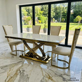 Elina Cream & Gold Marble Dining Set with Vienna Chairs – 180cm Luxury Gold Dining Table