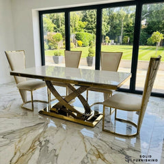 Elina Cream & Gold Marble Dining Set with Vienna Chairs – 180cm Luxury Gold Dining Table