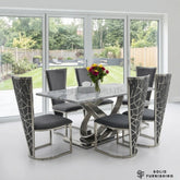 Elina Grey & Silver Marble Dining Table with Vienna Chairs – 180cm Luxury Chrome Dining Set