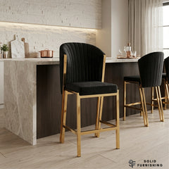Fabio Black & Gold Upholstered Bar Stool – Fixed Frame Breakfast Chair