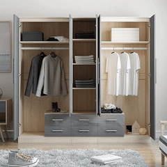 GREY Gloss Large Wardrobe - 5 Door 6 Drawers & Mirrors SOLID FURNITURE