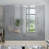 Grey Gloss 5 Door Wardrobe with 6 Drawers & 3 Mirrors – Large Bedroom Storage Wardrobe