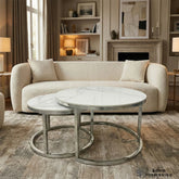 Kaito Nest of 2 Round Coffee Tables – Polar White Sintered Stone with Chrome Frame