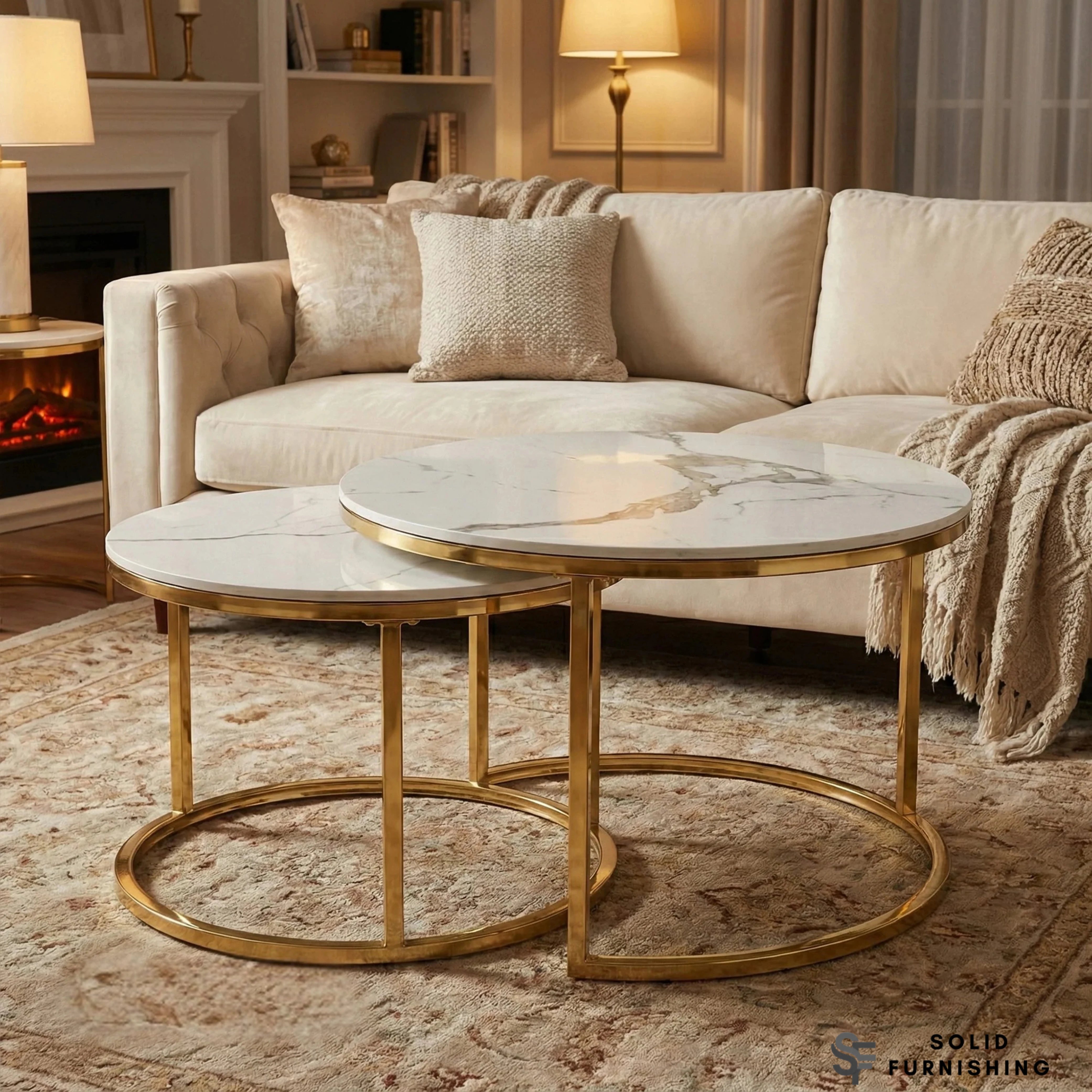 Kaito Nest of 2 Round Coffee Tables – Polar White Sintered Stone with Gold Frame