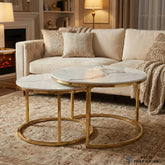 Kaito Nest of 2 Round Coffee Tables – Polar White Sintered Stone with Gold Frame