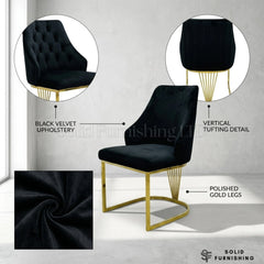 Lasco Plush Velvet Dining Chairs – Black, Cream or Green With Gold Legs (Set of 2)