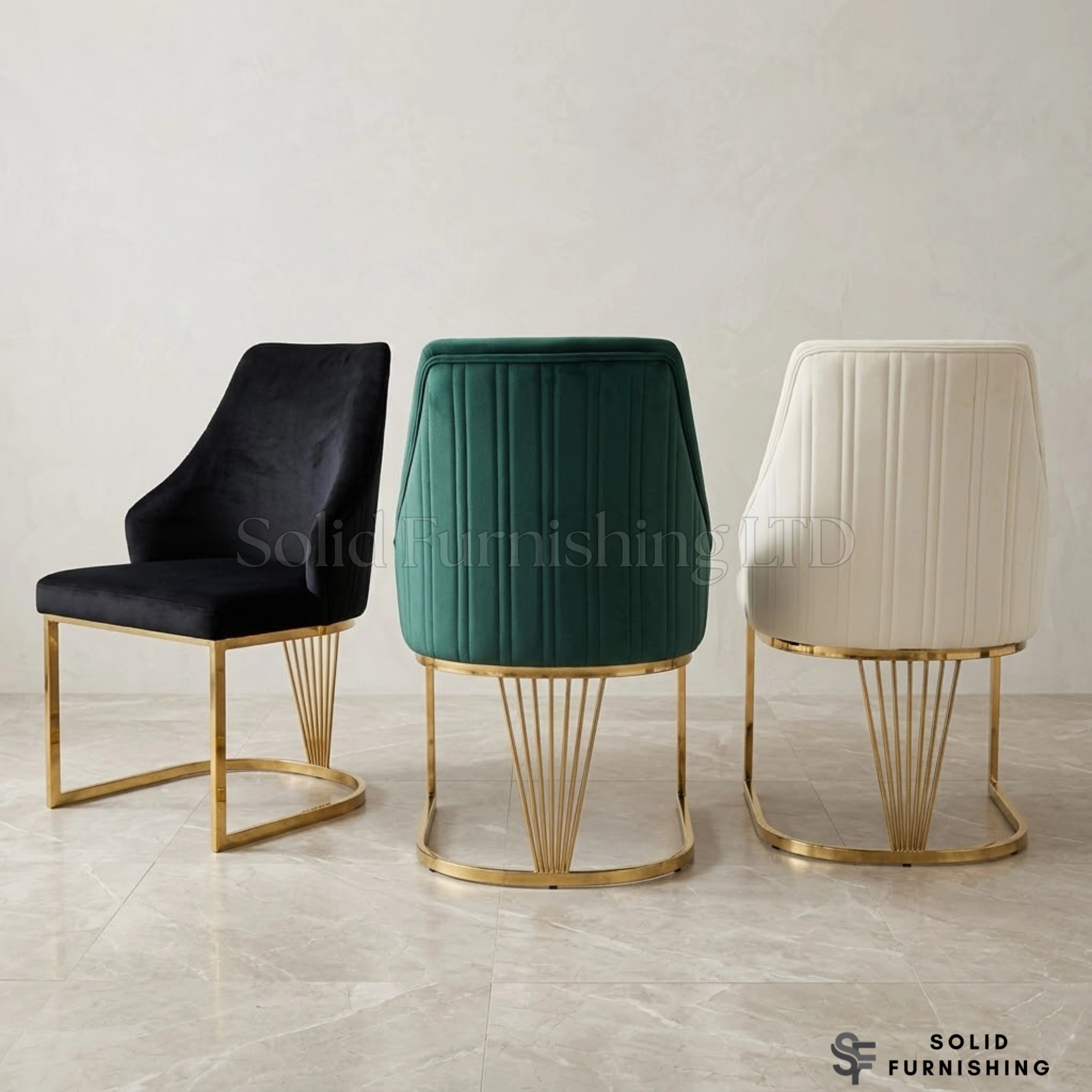 Lasco Plush Velvet Dining Chairs – Black, Cream or Green With Gold Legs (Set of 2)
