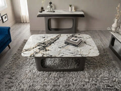 Lina Grey Marble Coffee Table – Real Marble Top with Grey Metal Base