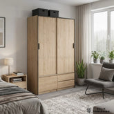 Line Oak Sliding Wardrobe with 4 Drawers – Space Saving Bedroom Storage Wardrobe