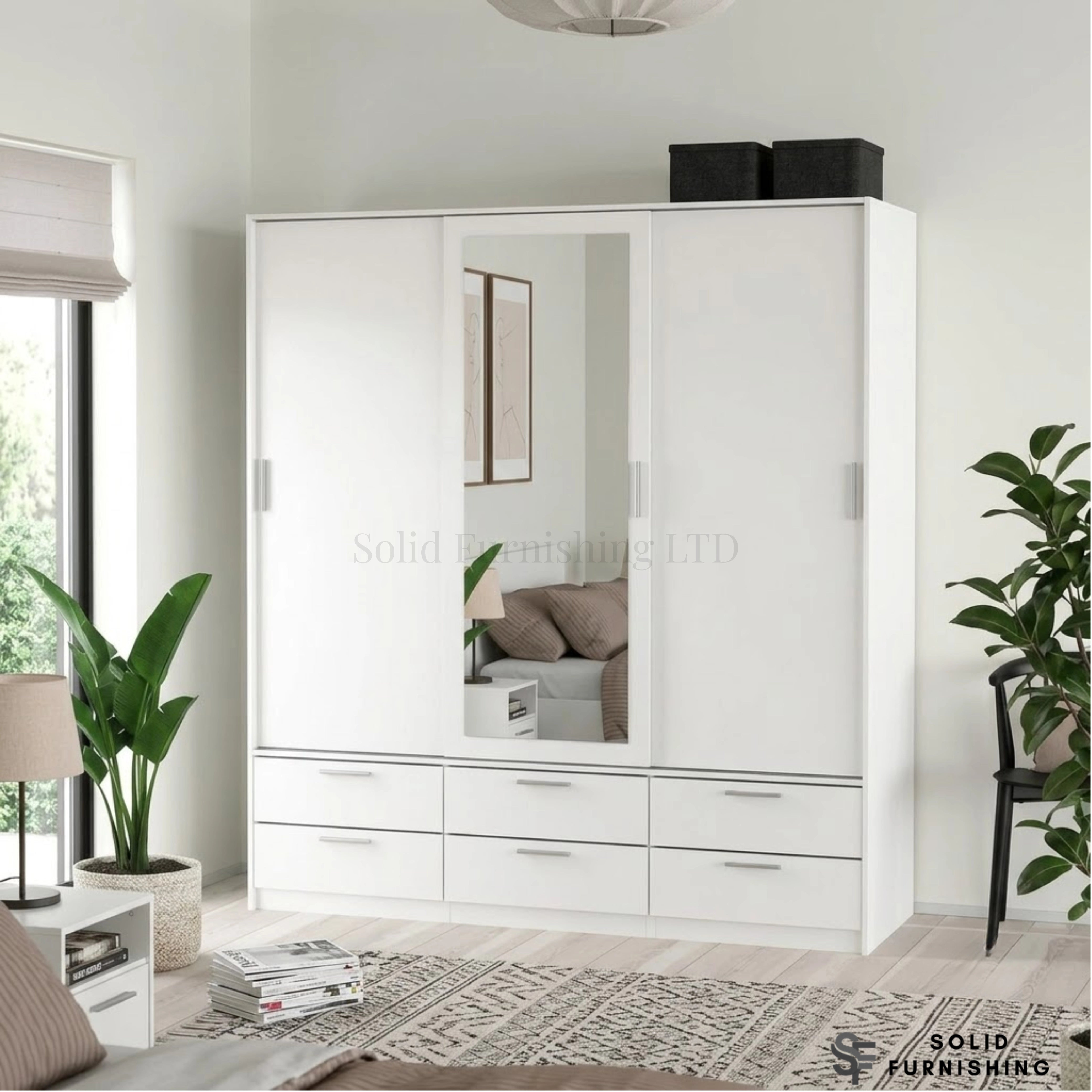 Line White 3 Sliding Door Wardrobe with 6 Drawers – Modern Bedroom Storage Wardrobe