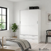 Line White Sliding Wardrobe with 4 Drawers – 2 Door Bedroom Storage Wardrobe