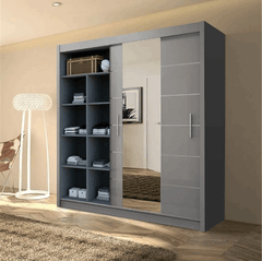 Lisbon Grey Mirrored Sliding Wardrobe – Modern Space Saver Bedroom Wardrobe