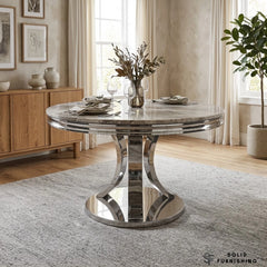 London 130cm Round Marble Dining Table – Chrome Sculptural Pedestal Base