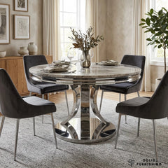 London 130cm Round Marble Dining Table – Chrome Sculptural Pedestal Base