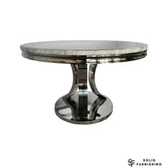 London 130cm Round Marble Dining Table – Chrome Sculptural Pedestal Base