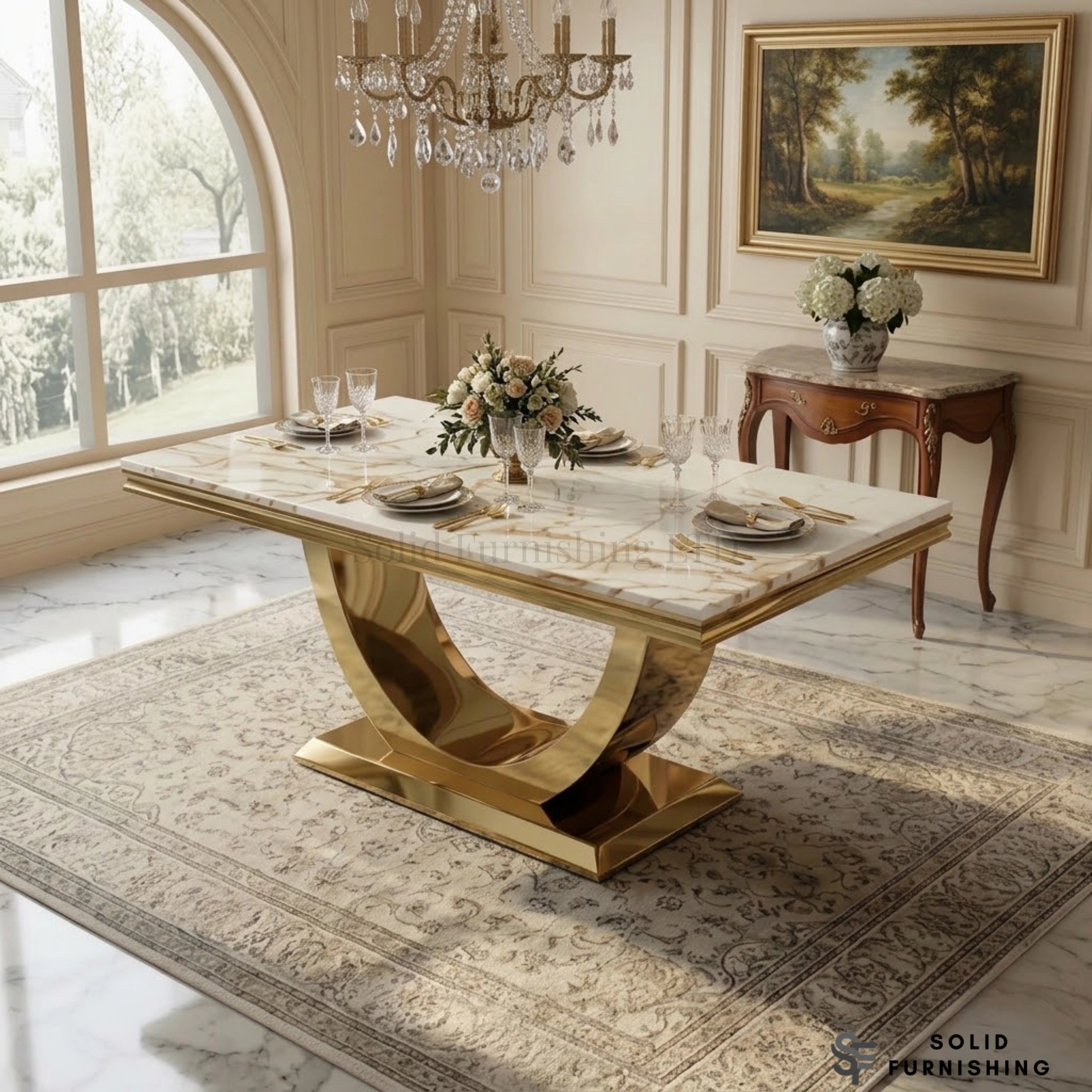 London Gold Marble & Ceramic Dining Table – Sculptural U Shaped Pedestal Base