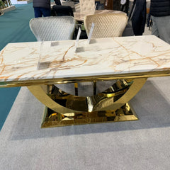 London Gold Marble & Ceramic Dining Table – Sculptural U Shaped Pedestal Base