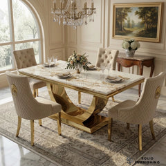 London Gold Marble & Ceramic Dining Table – Sculptural U Shaped Pedestal Base
