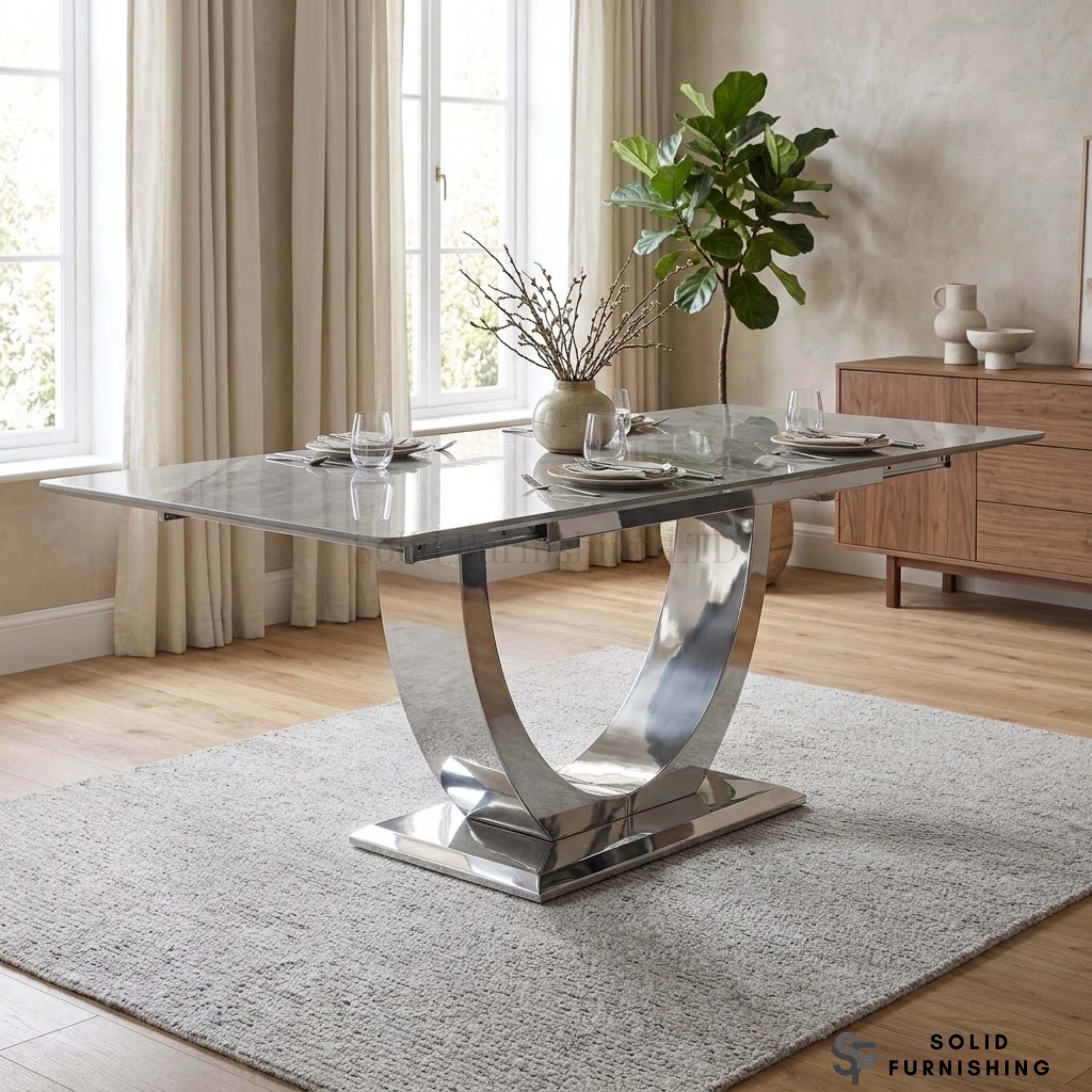 London Grey Ceramic Extendable Dining Table – Chrome U-Shaped Pedestal Base