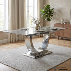 London Grey Ceramic Extendable Dining Table – Chrome U-Shaped Pedestal Base