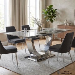 London Grey Ceramic Extendable Dining Table – Chrome U-Shaped Pedestal Base