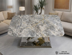 Lucy Grey Marble Coffee Table – Luxury Silver & Gold Cross Base Modern Table