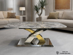 Lucy Grey Marble Coffee Table – Luxury Silver & Gold Cross Base Modern Table