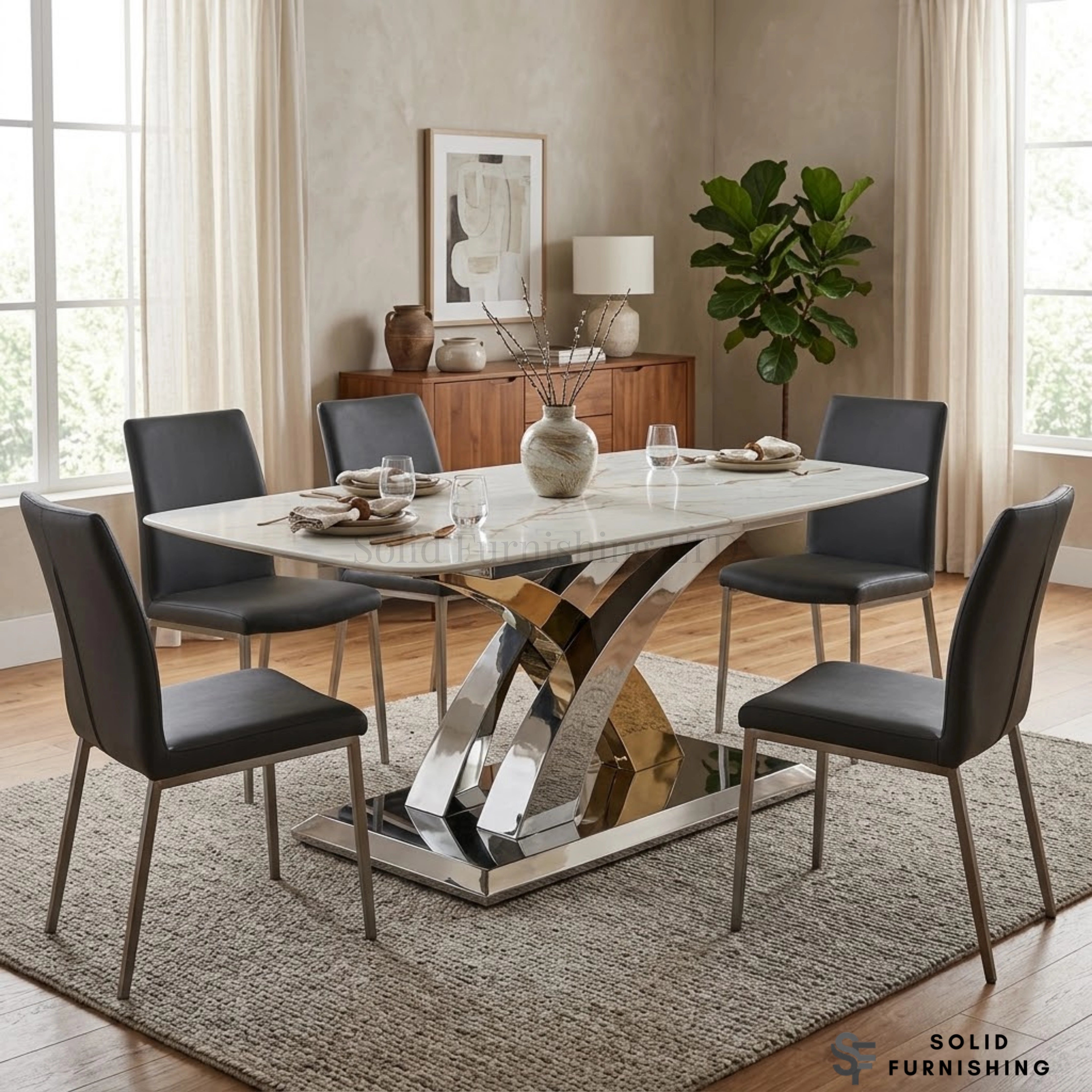 Lucy Marble Dining Table – Cream or Grey Marble with Silver & Gold Cross Base