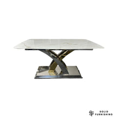 Lucy Marble Dining Table – Cream or Grey Marble with Silver & Gold Cross Base
