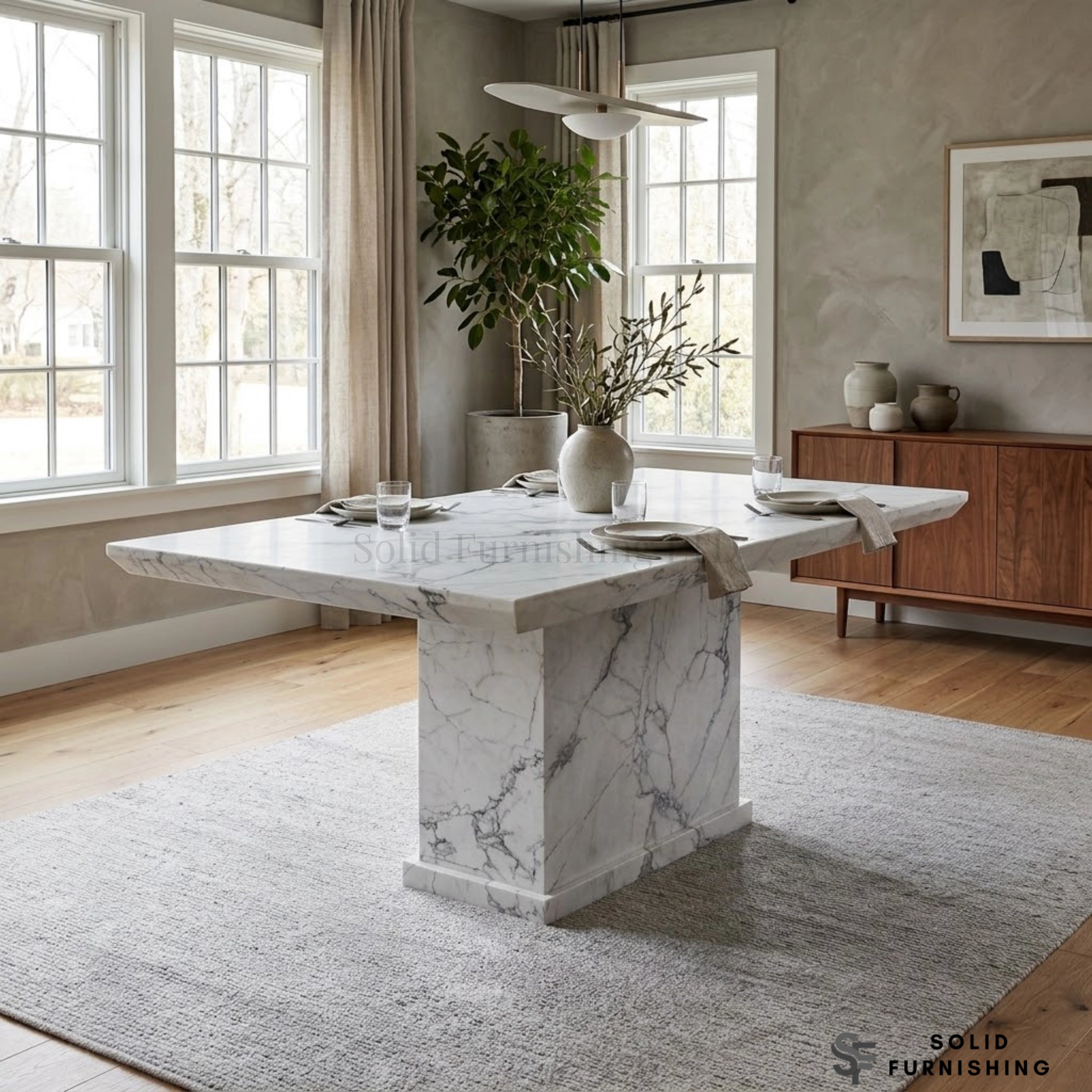 MB 150cm White Marble Dining Table – Single Pedestal Base