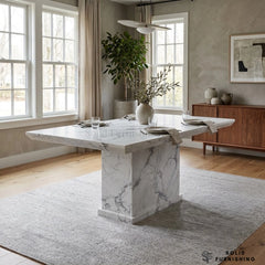 MB 150cm White Marble Dining Table – Single Pedestal Base