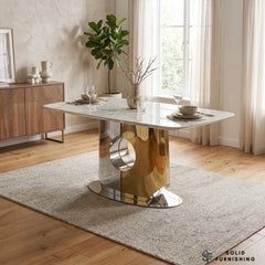 Madrid Marble Dining Table – Cream or Grey Marble with Silver & Gold Pedestal Base